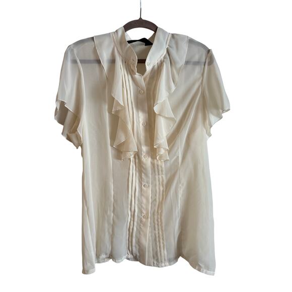 Norma Kamali Women’s Ivory Sheer Georgette Ruffle Blouse Size XL Short Sleeve - Picture 1 of 6